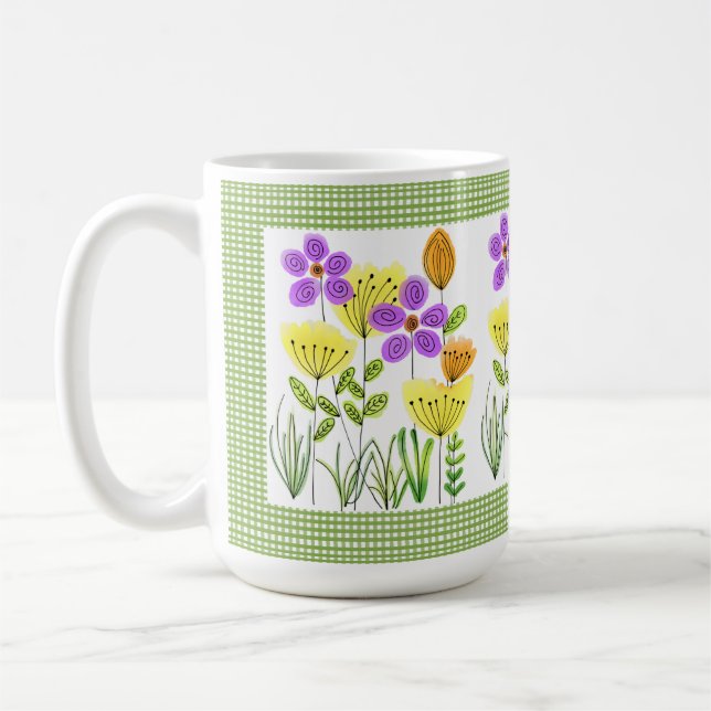 Caneca De Café Flores em Estilo de Fazenda com Xadrez Verde  (Esquerda)