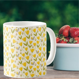 Caneca De Café Flores escandinavas simples e padrão de aves