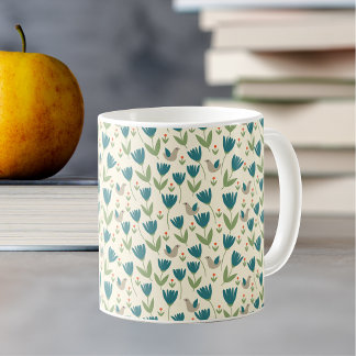 Caneca De Café Flores escandinavas simples e padrão de aves