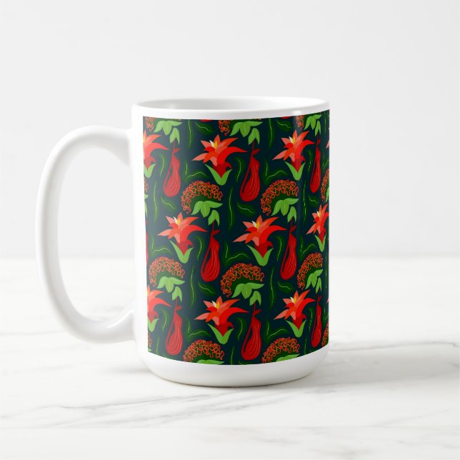 Caneca De Café Flores Exóticas Coloridas Padrão Folhas (Esquerda)