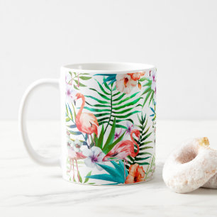 Caneca De Café Flores florais tropicais do flamingo cor-de-rosa