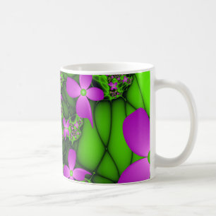 Caneca De Café Flores Fractais Abstratas Modernas Rosa Verde Neon
