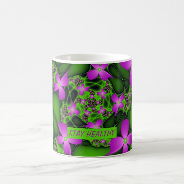 Caneca De Café Flores Fractais Abstratas Modernas Rosa Verde Neon (Centro)