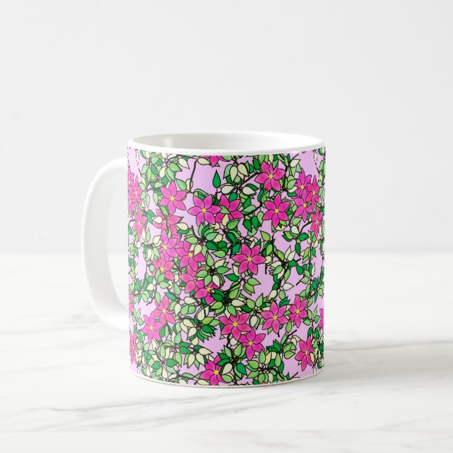 Caneca De Café Flores Fucshia sobre fundo rosa pálido (Frente Esquerda)