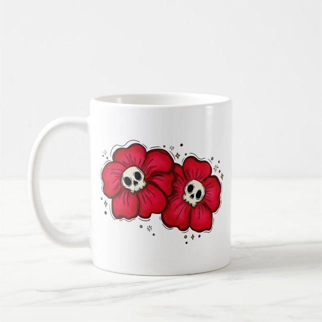 Caneca De Café flores góticas de caveira vermelha (Esquerda)