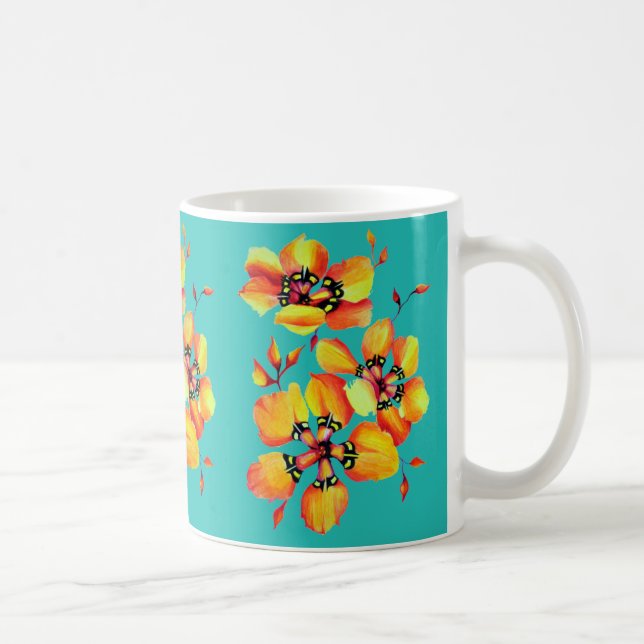 Caneca De Café Flores Laranja Elegantes - Aqua (Direita)