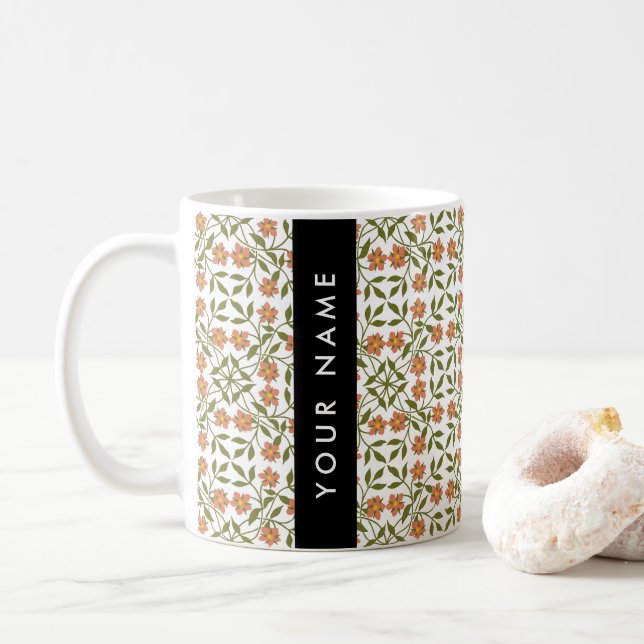 Caneca De Café Flores Laranja, Padrão Floral, Boho, Seu Nome (Com Donut)