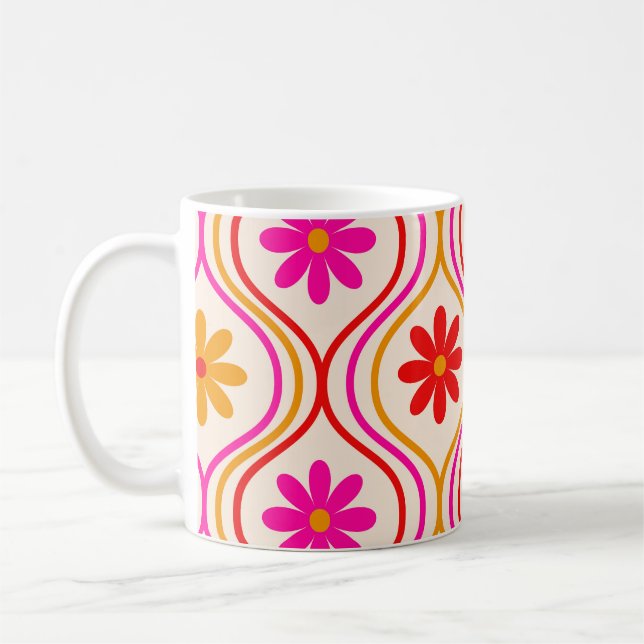 Caneca De Café Flores Laranja Rosa Vermelho Antigo em Padrão Ogee (Esquerda)