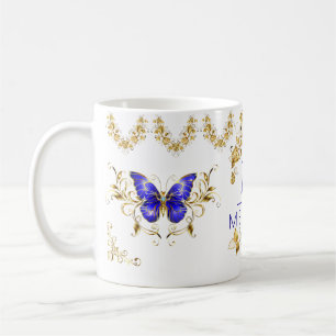 Caneca De Café Flores modernas, borboletas azuis e douradas, mono