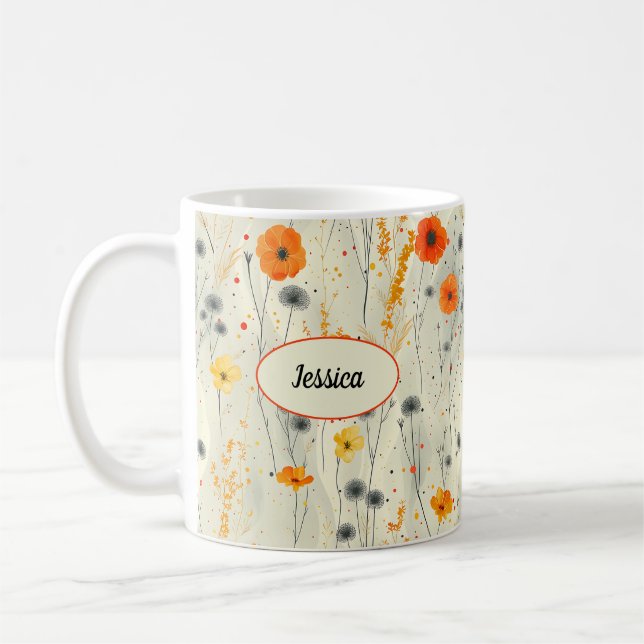 Caneca De Café Flores Modernas de Na moda de Laranja Chic Elegant (Esquerda)