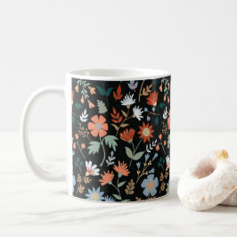Caneca De Café Flores Modernas Deixam Flor Azul Laranja Negro