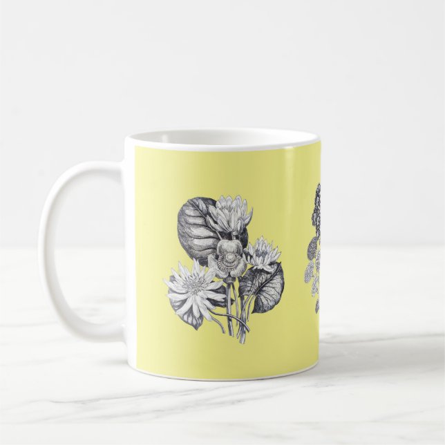 Caneca De Café Flores monocromáticas em fundo amarelo (Esquerda)