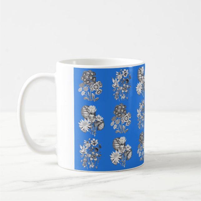 Caneca De Café Flores monocromáticas em fundo azul elétrico (Esquerda)