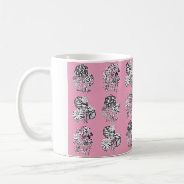 Caneca De Café Flores monocromáticas em fundo rosa (Esquerda)