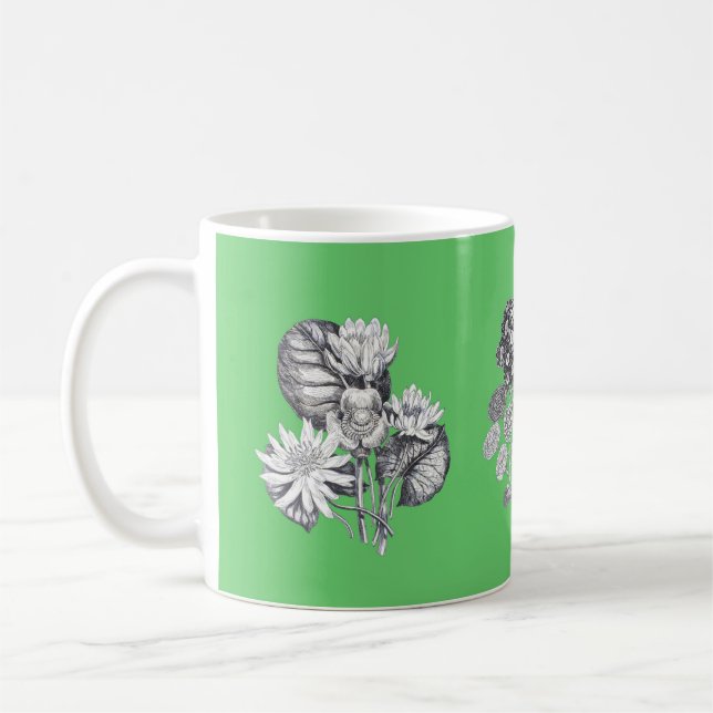 Caneca De Café Flores monocromáticas em fundo verde (Esquerda)