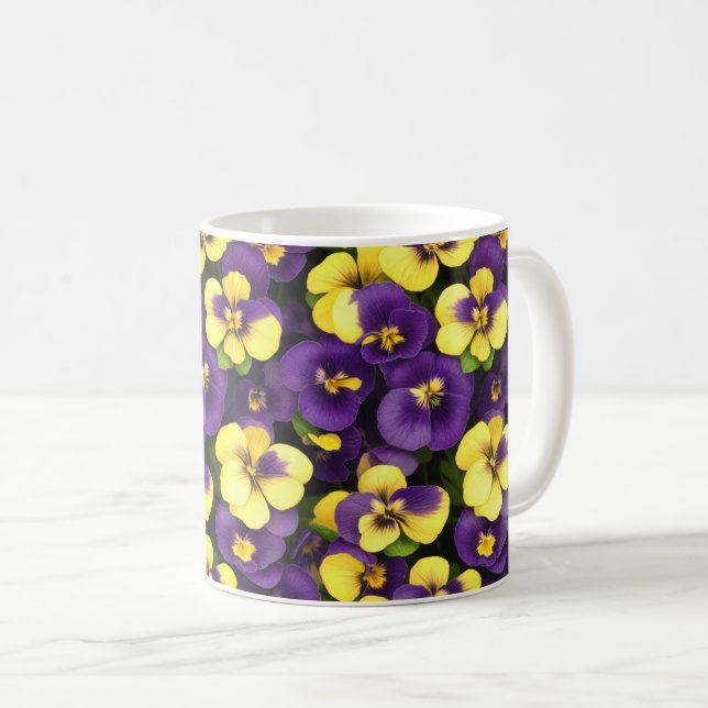 Caneca De Café Flores Pansy Amarelas e Púrpuras (Frente Esquerda)