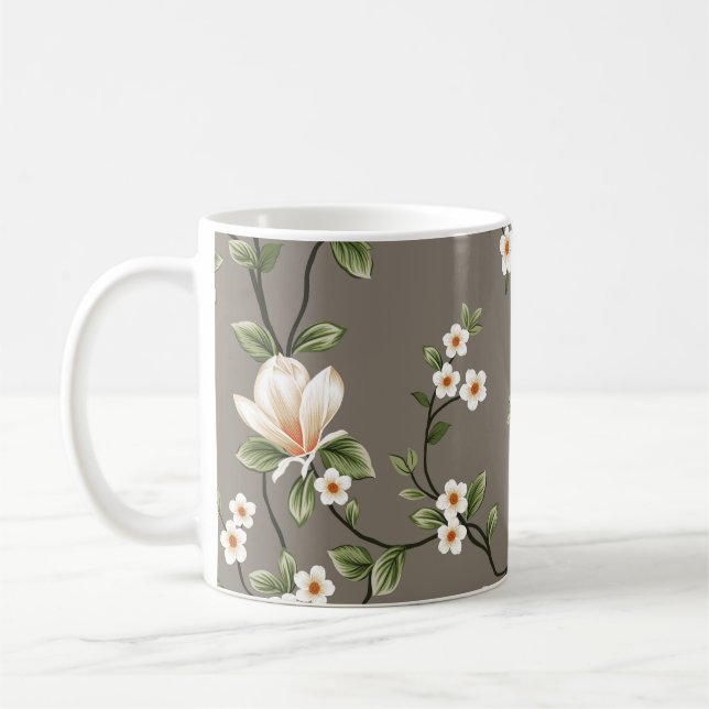Caneca De Café flores pequenas amassadas com folhas verdes padrão (Esquerda)