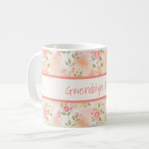 Caneca De Café Flores Pequenas de Rosa e Pêssego em Aquarela Abst