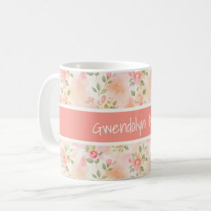 Caneca De Café Flores Pequenas de Rosa e Pêssego em Aquarela Abst