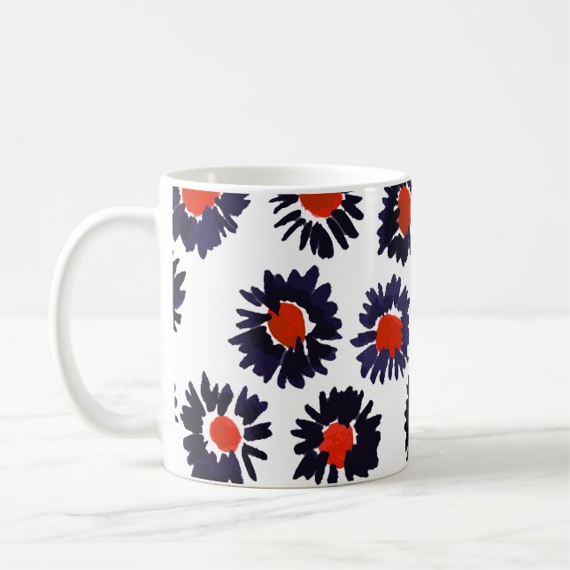 Caneca De Café Flores pintadas à mão, padrão vermelho e azul. (Esquerda)