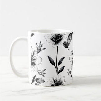 Caneca De Café Flores pretas e brancas