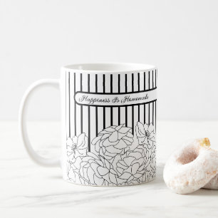 Caneca De Café Flores Pretas e Brancas com Listras