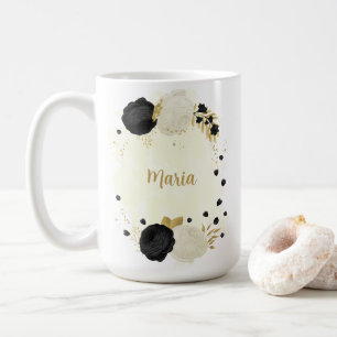 Caneca De Café Flores pretas e brancas românticas com casamento e