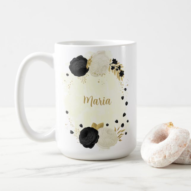 Caneca De Café Flores pretas e brancas românticas com casamento e (Com Donut)