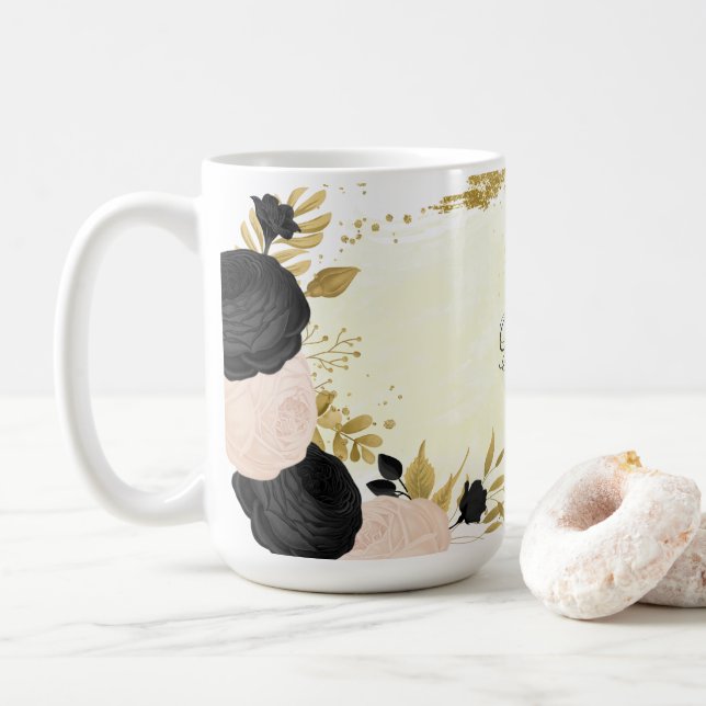 Caneca De Café flores pretas rosadas douradas botânicas casamento (Com Donut)