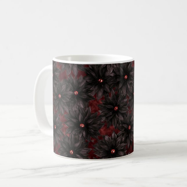 Caneca De Café Flores Pretas Vermelhas (Frente Esquerda)