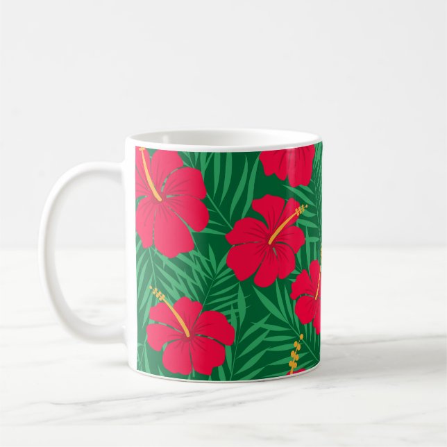 Caneca De Café Flores Red Hibiscus em Folhas Tropicais Verdes (Esquerda)