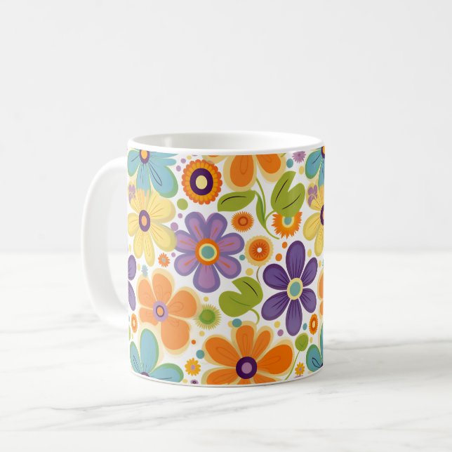 Caneca De Café Flores Retro Laranja Lilac e Verde (Frente Esquerda)