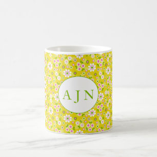 Caneca De Café Flores Retro Mod Amarelo & Branco Monograma