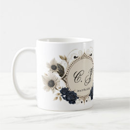 Caneca De Café Flores românticas brilhantes sobre fundo azul prof