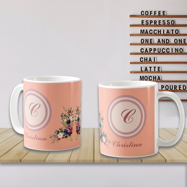 Caneca De Café Flores Românticas Monograma Personalizado (Criador carregado)