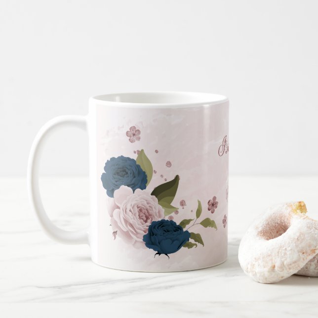 Caneca De Café flores rosa azul marinho  (Com Donut)