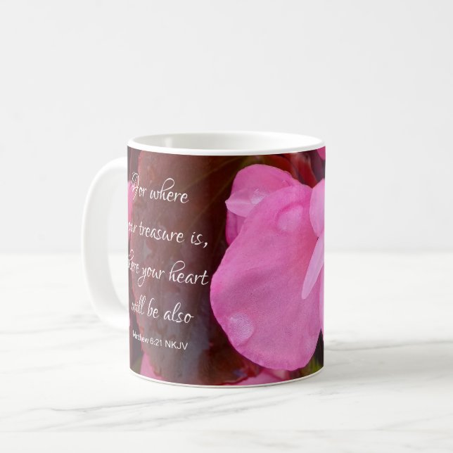 Caneca De Café Flores Rosa Bonitas Verso Bíblia Cristã (Frente Esquerda)