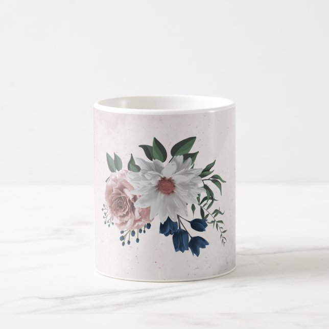 Caneca De Café Flores rosa branco azul marinho românticas folhage (Centro)