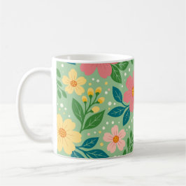 Caneca De Café Flores Rosa e Amarelo com Folhas Verdes e Azuis