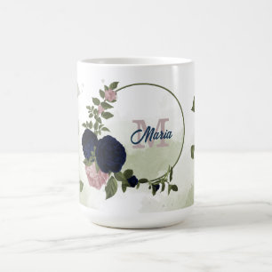 Caneca De Café flores rosa e azul marinho monograma