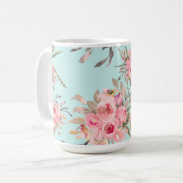 Caneca De Café Flores Rosa Esmagadas no Azul Claro