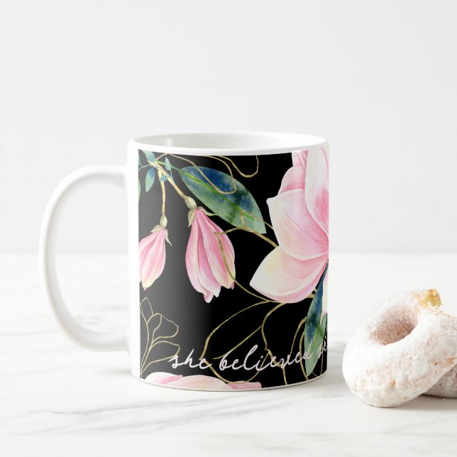 Caneca De Café Flores Rosa Magnólia Acreditava Que Podia (Com Donut)