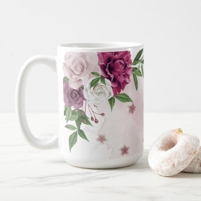 Caneca De Café flores rosa malva folhagem (Com Donut)