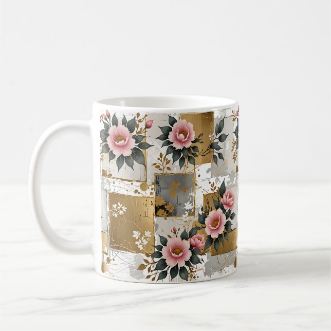 Caneca De Café Flores rosa nos quadrados Dourados e brancos (Esquerda)