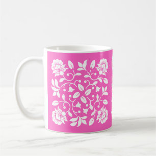 Caneca De Café Flores Rosa Quente e Branco