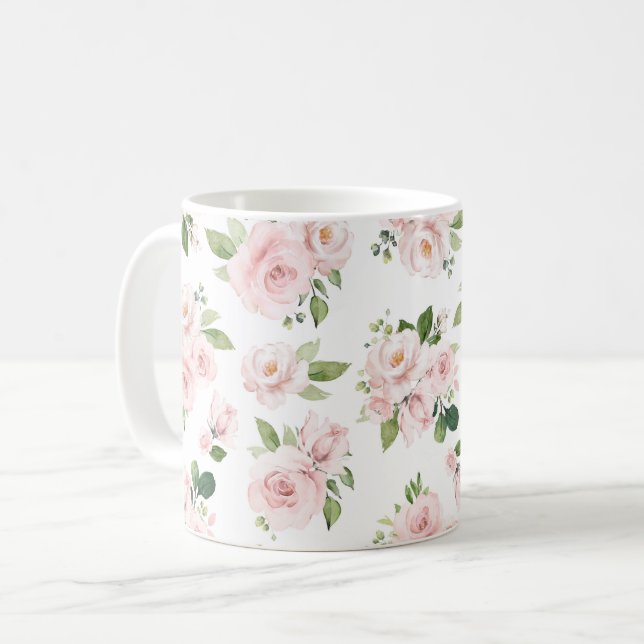 Caneca De Café Flores Rosa, Rosas Rosa, Flores De Aquarelas (Frente Esquerda)