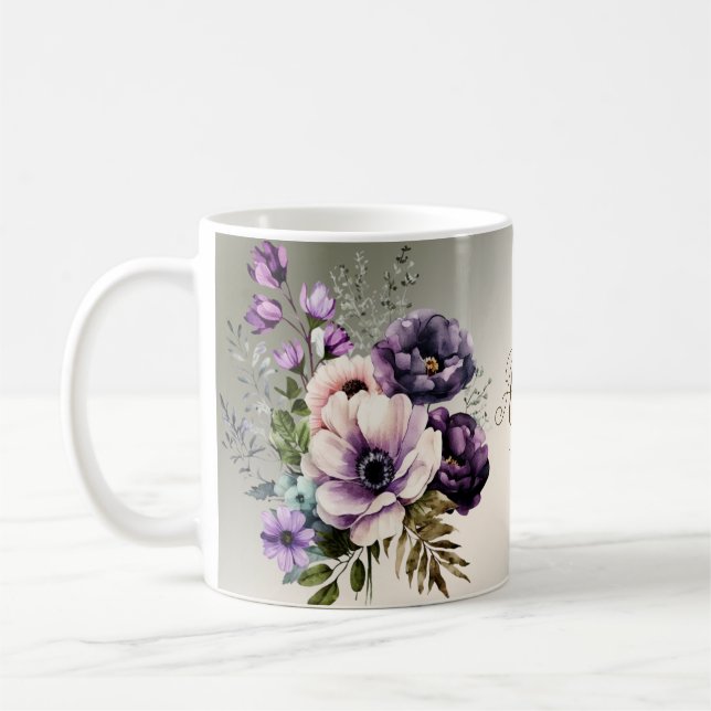Caneca De Café Flores Rosa Roxo Elegantes Douradas (Esquerda)