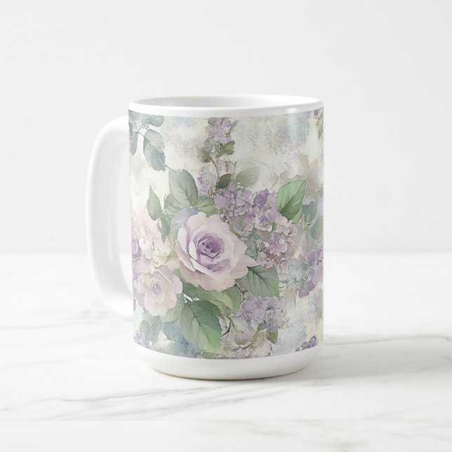 Caneca De Café Flores Rosa Roxo Românticas (Frente Esquerda)