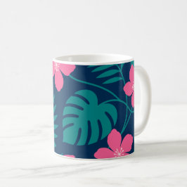 Caneca De Café Flores Rosa Tropical e Desenho de Folhagem Verde