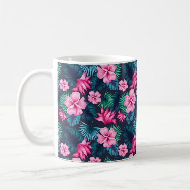 Caneca De Café Flores Rosadas com Padrão de Folhas Verdes-79066 (Esquerda)